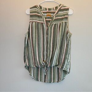 Ruby Rd. Linen Blend Striped Sleeveless Button-Up Front Tie Tank Size Medium